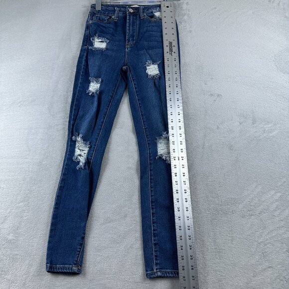 Forever 21 Jeans Skinny Leg Distressed Low Rise Dark Wash  Women Size 25 US - Picture 7 of 12